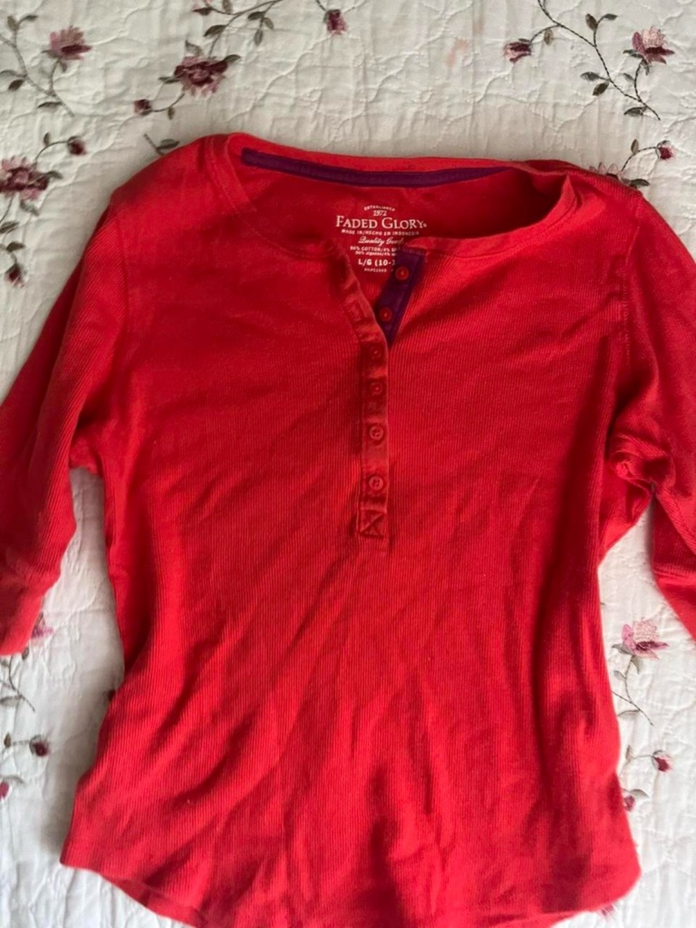 Faded Glory Red Waffle 3/4 Sleeve Henley Top - Picture 4 of 8